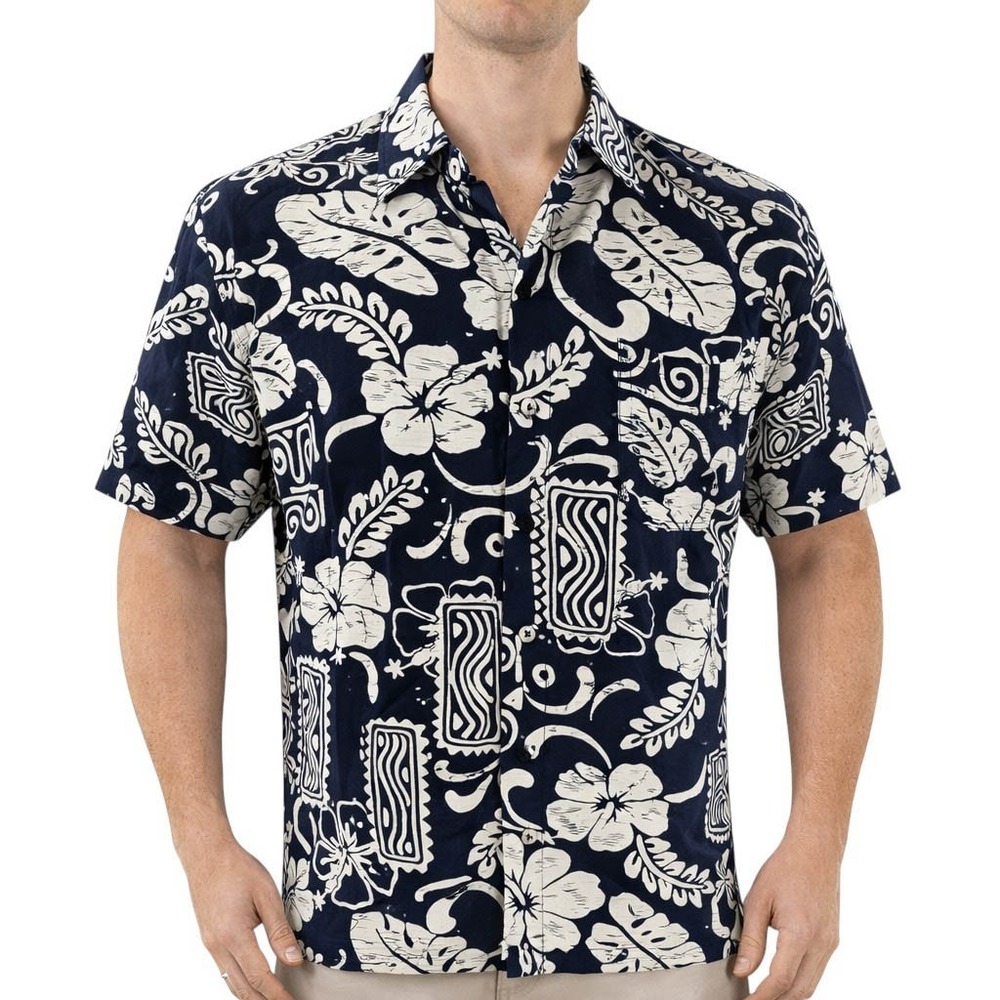 Royal Creations Hawaiian Aloha Shirt Large Floral Hibiscus Flowers Tribal Black